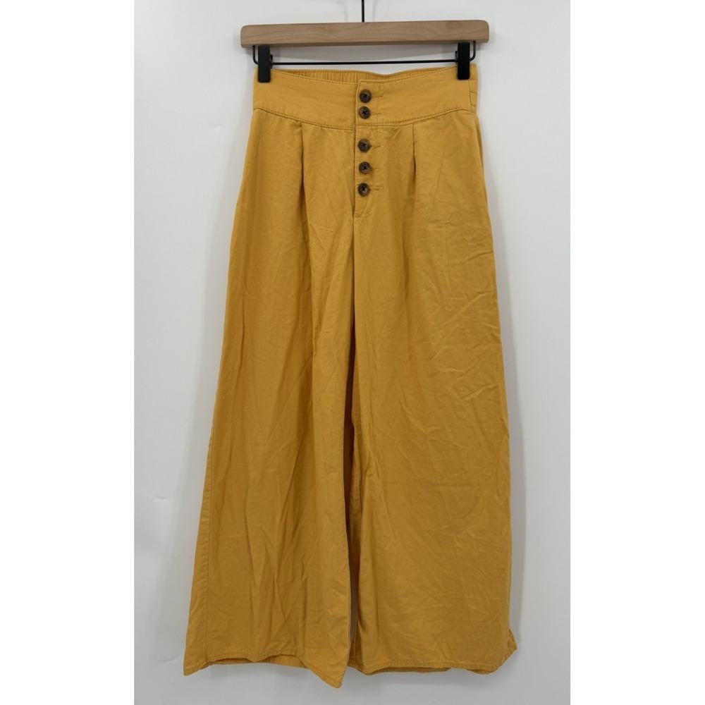 Hollister Pants Womens XS Yellow Wide Leg Crop Button Fly Pockets Boho Hippie‎